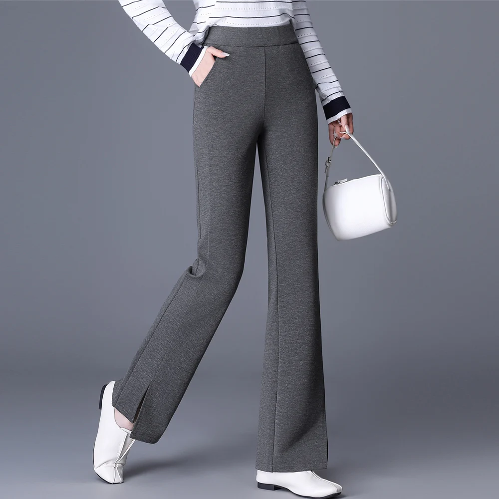Korean style dark gray micro flared pants for women's autumn new high-end solid color fashionable plus size casual pants