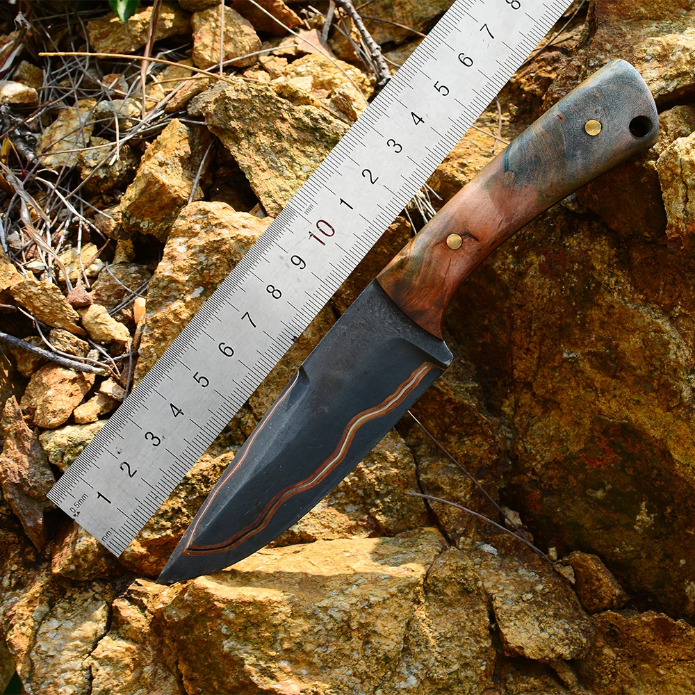 Hand-forged Damascus steel knife three-color copper-clad craftsmanship, outdoor camping, everyday carry, collection, and gifting