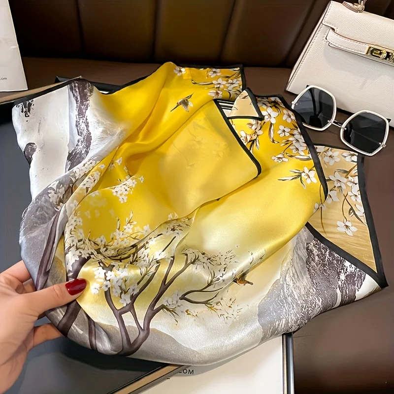 

27.56inch Yellow Floral Print Square Scarf With Black Border Stylish Women’s Accessory for Fashion Accessory Neck Scarf