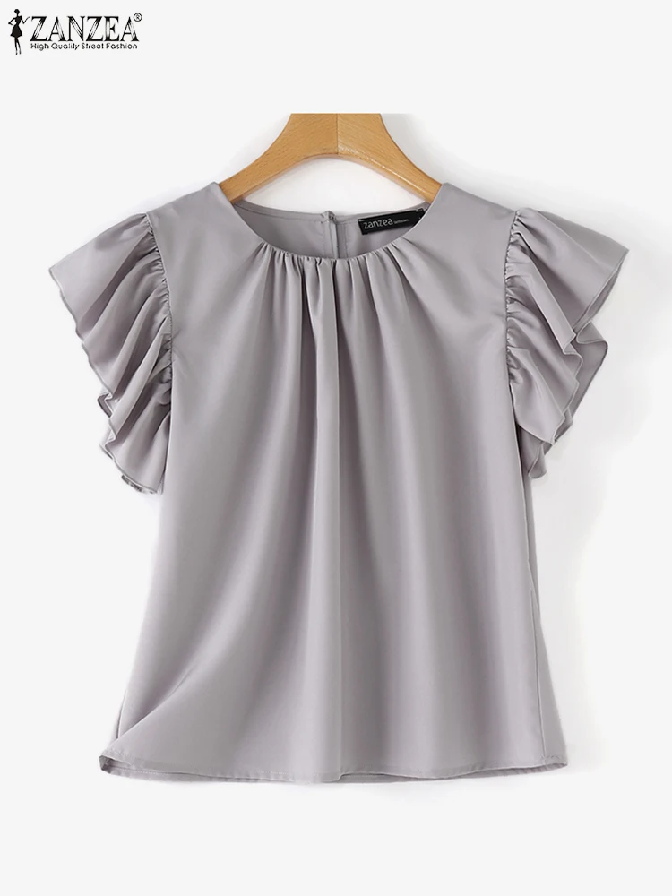 ZANZEA Korean Ruffle Short Sleeve Blouse Women Fashion Chiffon Tops 2024 Summer Elegant Pleated Party Tunic Vintage V-Neck Blusa