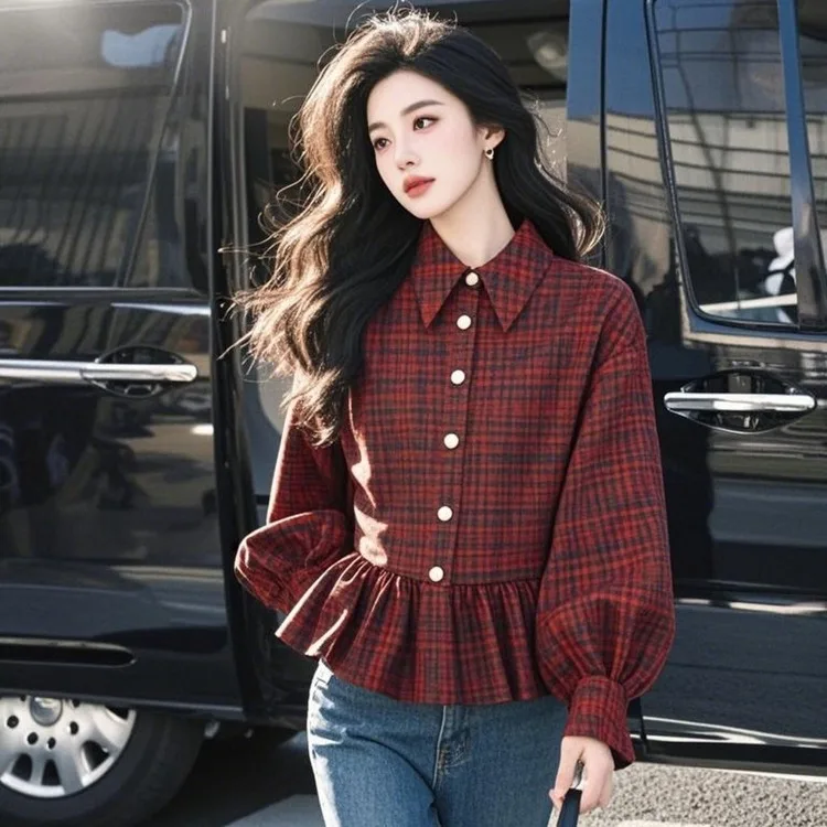 

Ele Beautiful Plum Red Long Sve Women's irt Chic Top Age-Reversing Spring Faion Polyester Fiber 00%