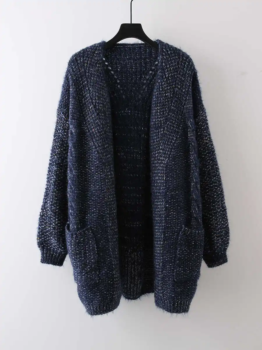 

plus Size Casual Knitted Outerwear Thiened Sweater Cardigan Medium Length Slimming Women's Faion Commute Sle V-Ne