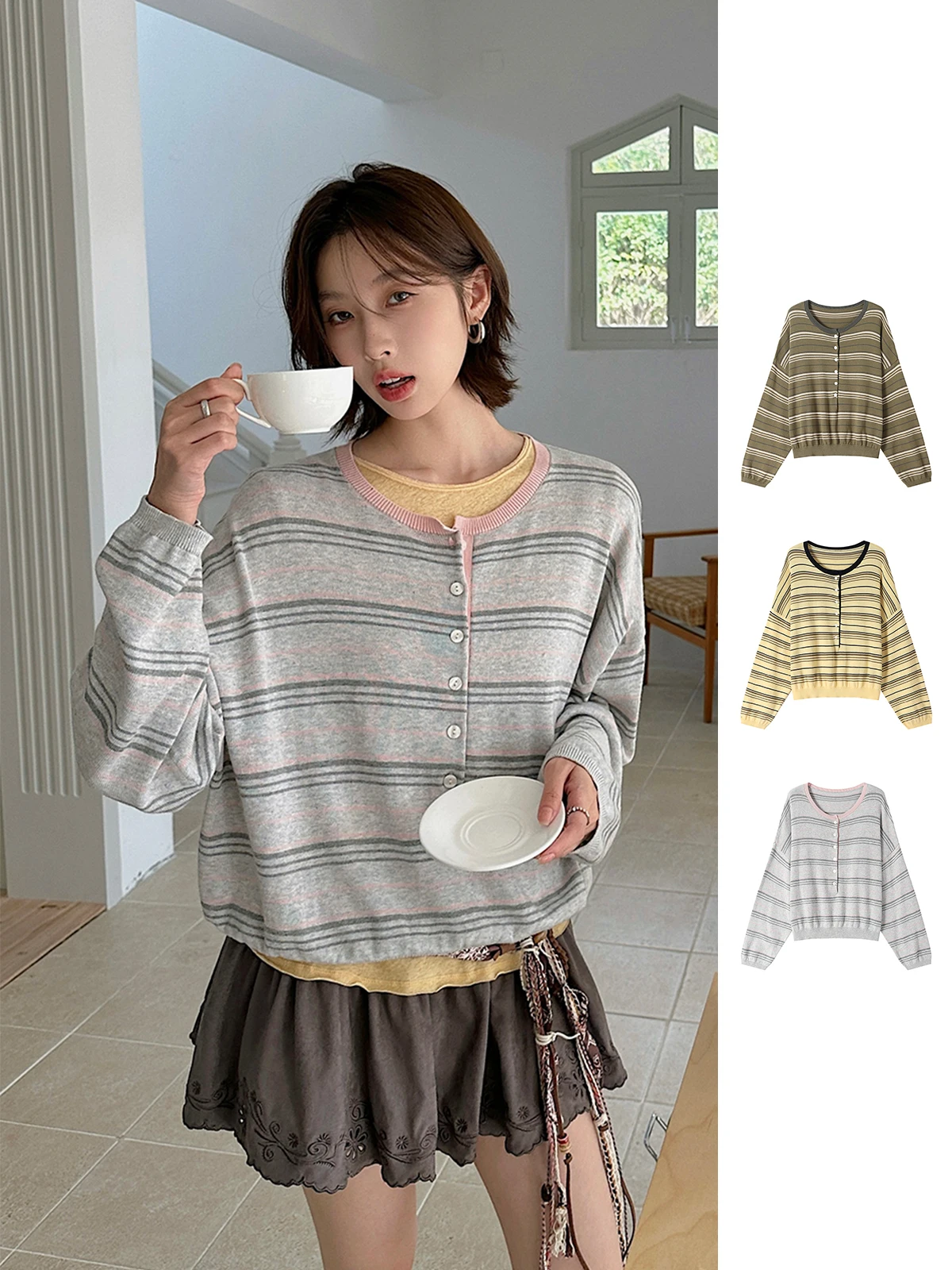 

Женский свитер REREK: осенне-зимний, свободный, мягкий, в полоску, с воротником хенли, повседневный, из хлопка, с длинными рукавами