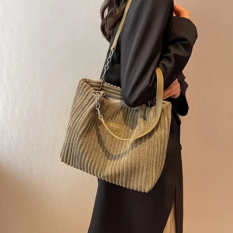 Cord-Einkaufstasche mit großem Fassungsvermögen, Umhängetasche mit Kettenriemen für Damen, Polyesterfutter, Reißverschluss, Schwarz, Beige, Khaki, Grün – Detail 9