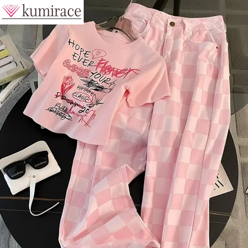 

Fashion Set for Women in Spring and Summer Slim Print Short T-shirt Pink Checkered Wide Leg Pants Two-piece Set