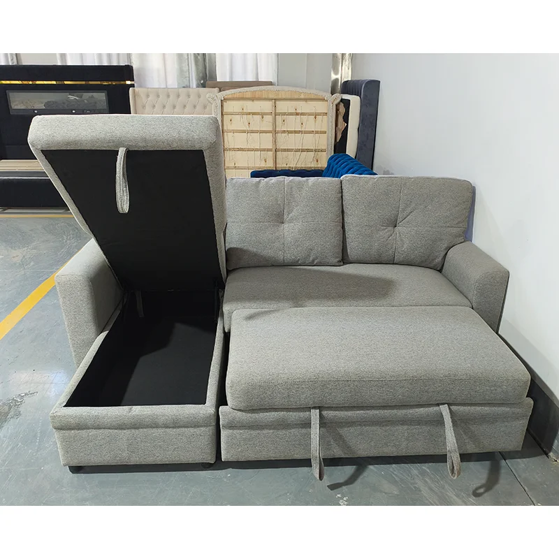 # 2026 Hot Sale L-shaped Linen Fabric Wooden Frame Pull Out Storage Sofas Beds Furniture for Home Office Small House