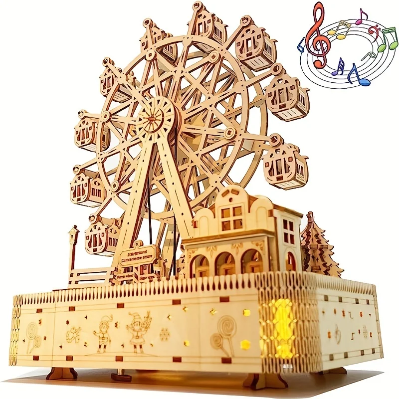 

Ferris Wheel Music Box, 3D Wooden Puzzle Model,,Adult Toy Ferris Wheel Music Box Built-in LED, Wooden Crafts Ornaments(183 Pcs)