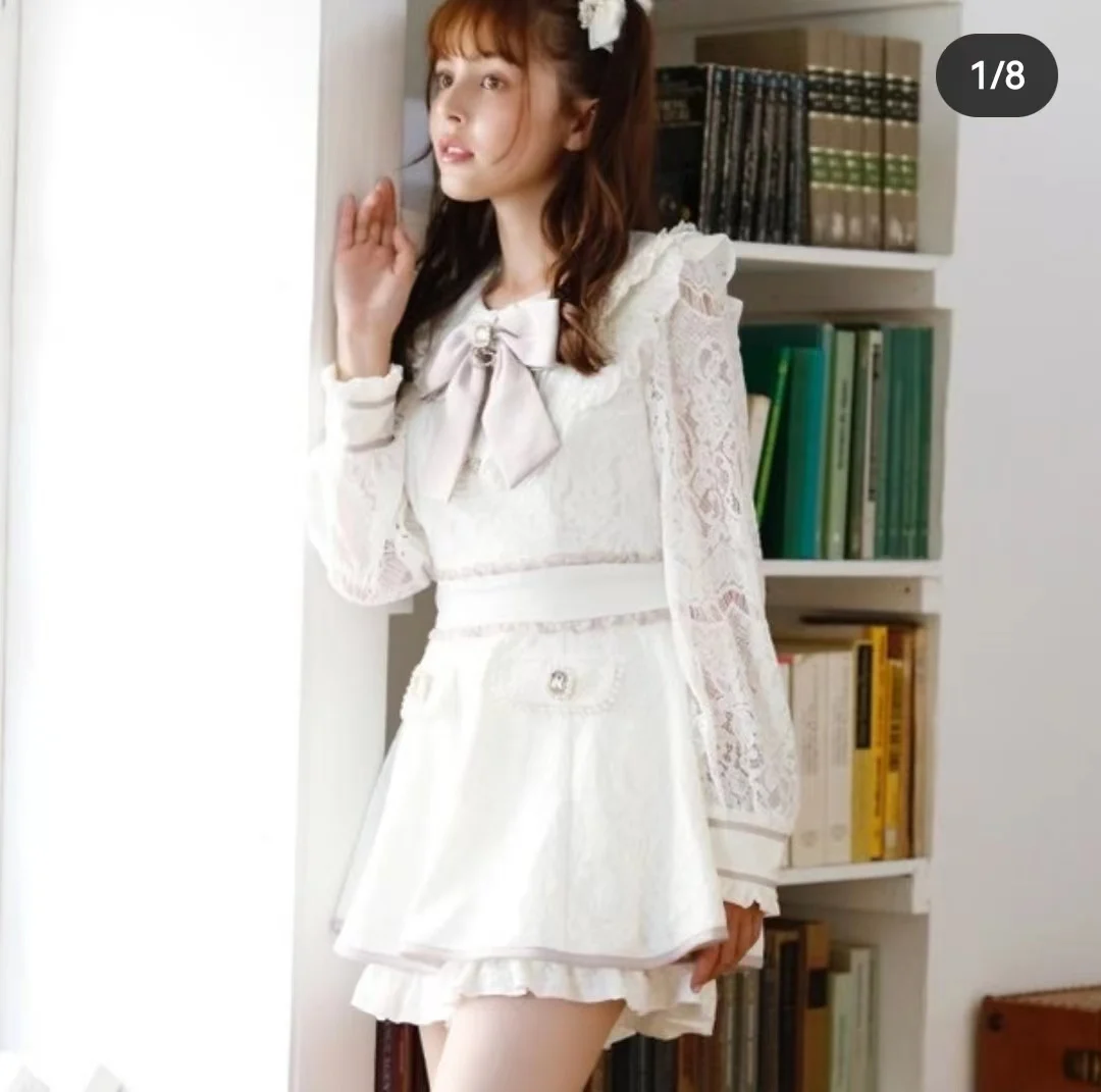 Japanese Autumn 2023 Mass-Produced Long Sleeve Bow Lace Dress + Shorts Two-Piece Set Liz Women\'s Lolita Sweet Shorts Set Outfits