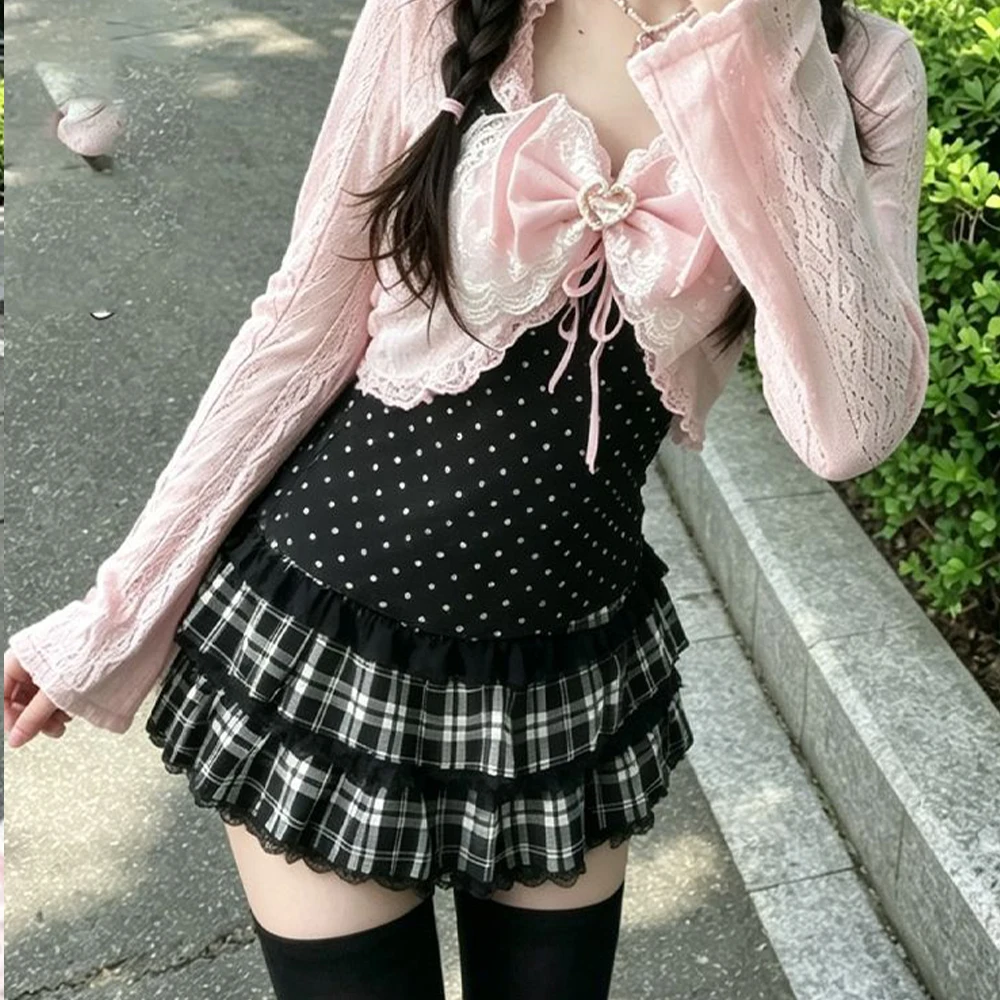 

Japanese Retro Pink Cardigan+Slim Polka Dot Vest, High Waisted Short Skirt, Sweet Designer, Fashionable Summer New 3-Piece Set