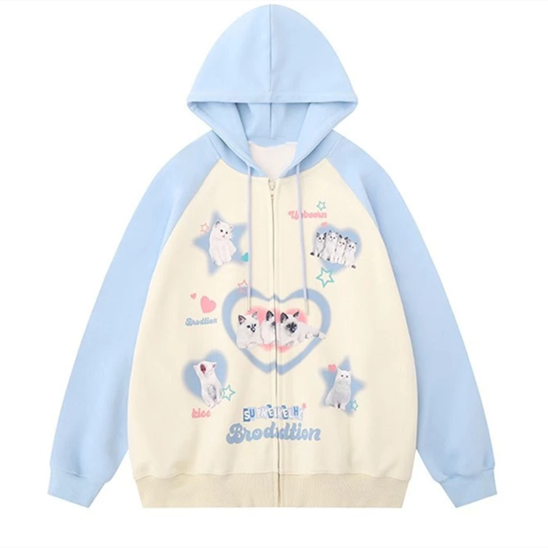 Japanese Funny Cartoon Zipper Hoodie Jackets High Quality Cotton Animal Graphic Sweatshirt Coat Loose Oversized Kawaii Clothes