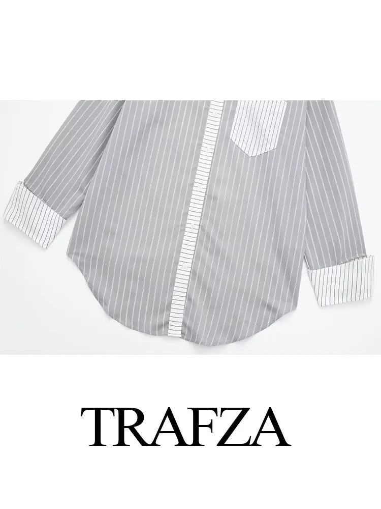 TRAFZA Women\'s Elegant Stripes Shirts 2024 Spring Patchwork Lapel Loose With Pocket Long Sleeve Causal Commuter Blouse Retro Top