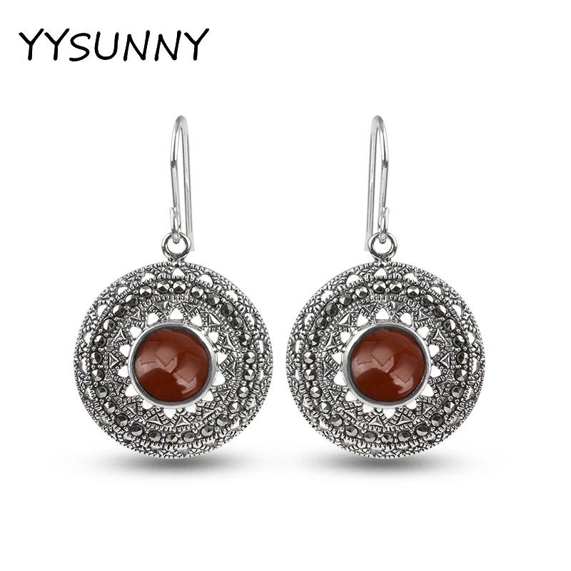 

YYSUNNY Women Vintage S925 Sterling Silver Sunflower Earrings Inlaid Agate Gemstone Women Fashion Jewelry Party Birthday Gift