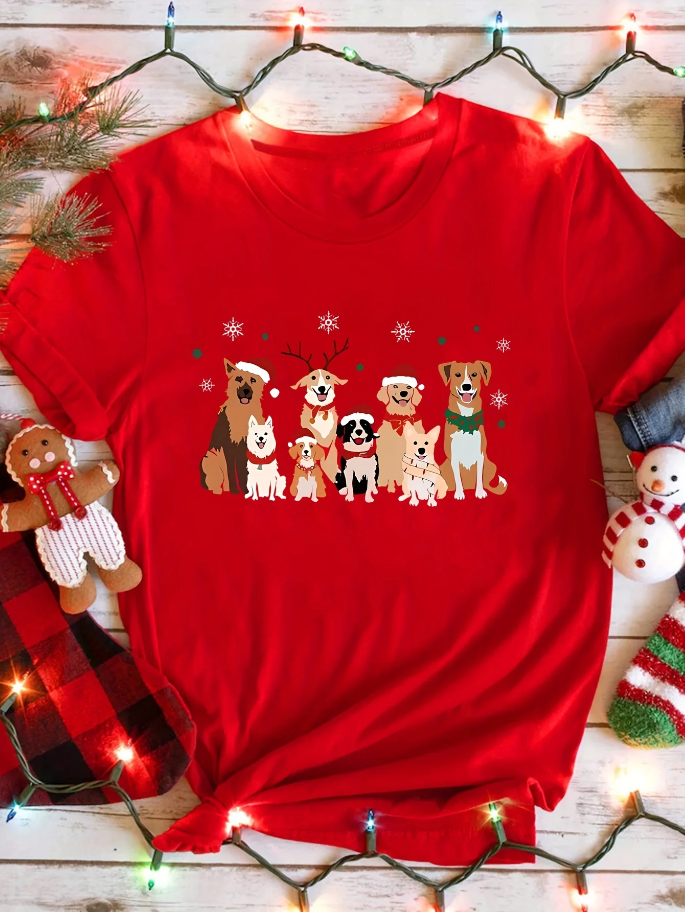 Women's Festive Christmas Dog Print Casual Short Sleeve Round Neck Top Polyester Young Style Cartoon Graphic Aesthetic Clothe