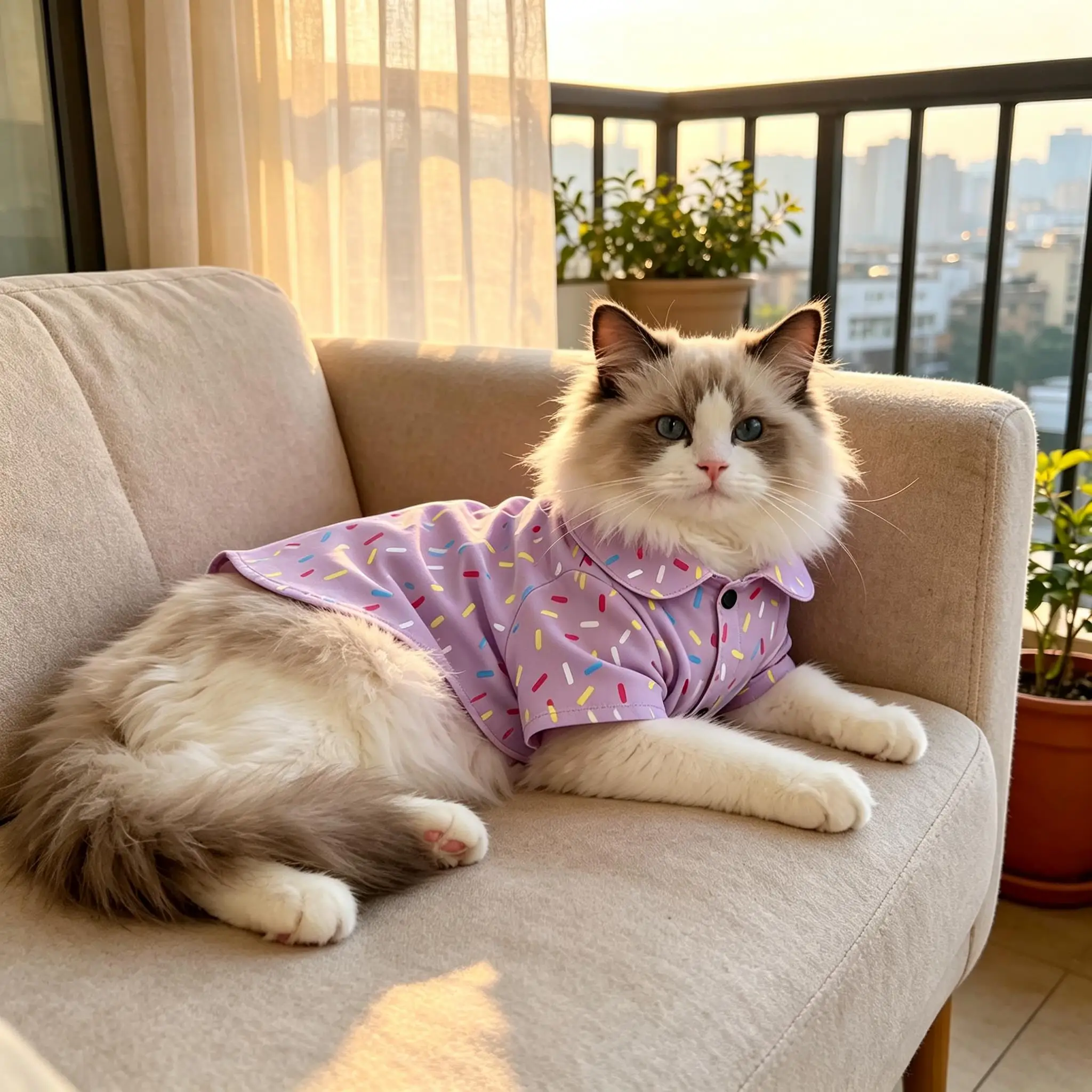 Pet Cat Shirt Pink Colorful Sprinkles Print Breathable Button Up for Small Medium Cats Sweet Dessert Theme Daily Wear