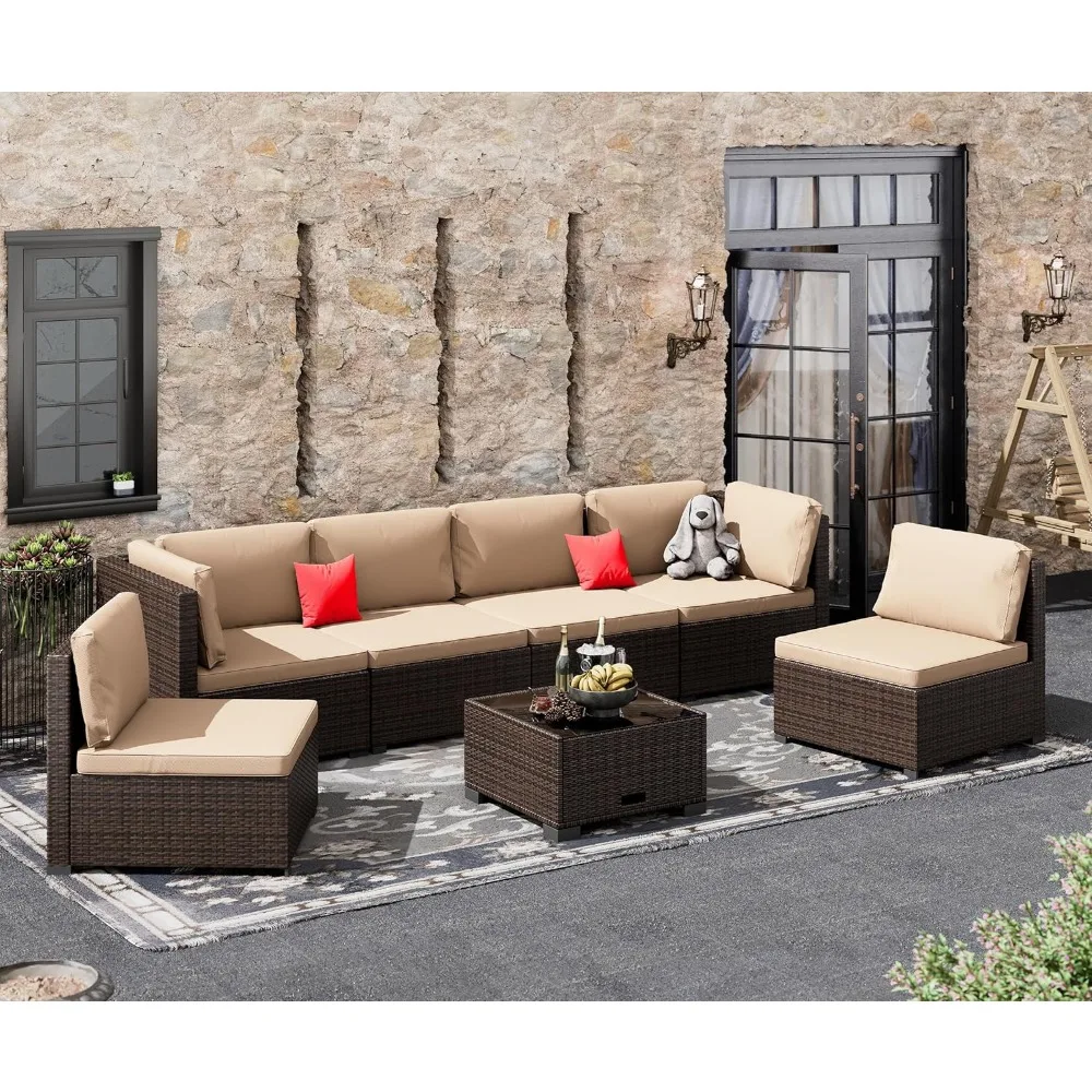 7-delige Terrasmeubelset, Buitenmeubilair Terras Sectionele Bank, All Weather Pe Rotan Sectional Met Kussen En Glazen Tafel