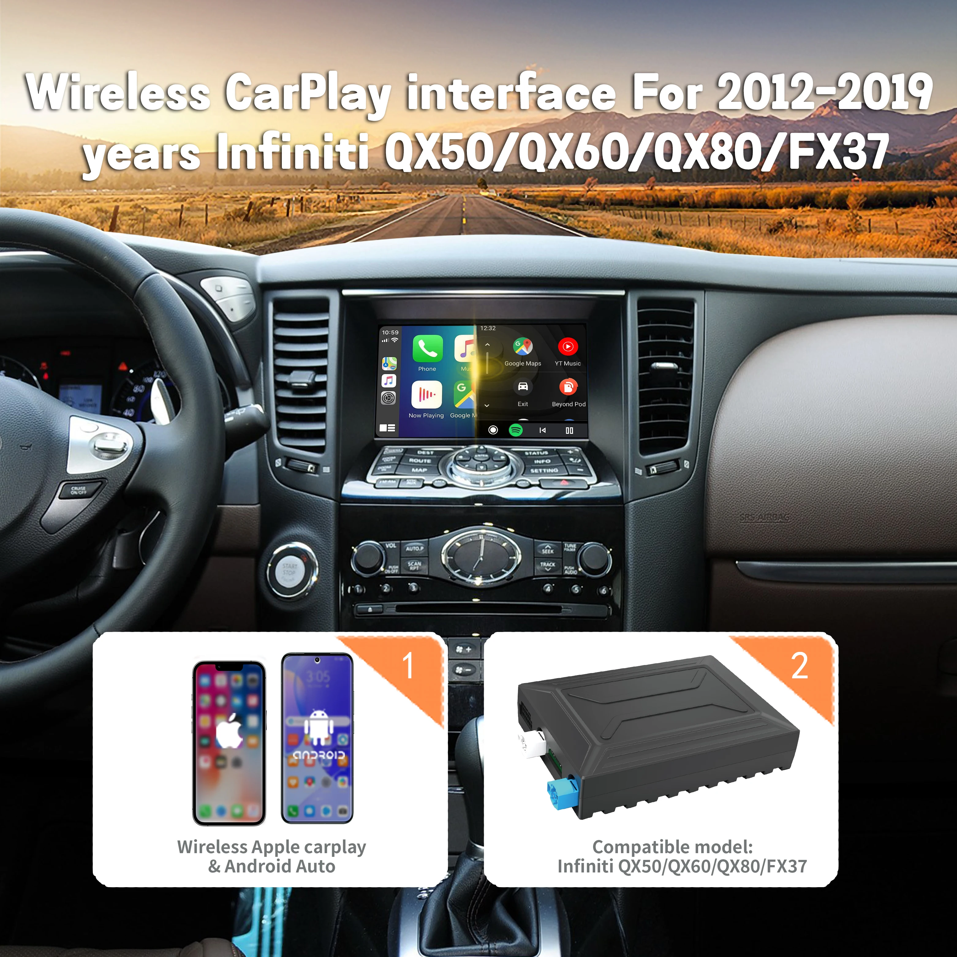 Wireless CarPlay Android Auto Interface for 2015-2019 Infiniti QX50 QX60 QX80 2012-2013 FX37 2020 Q70 Multimedia Navigation