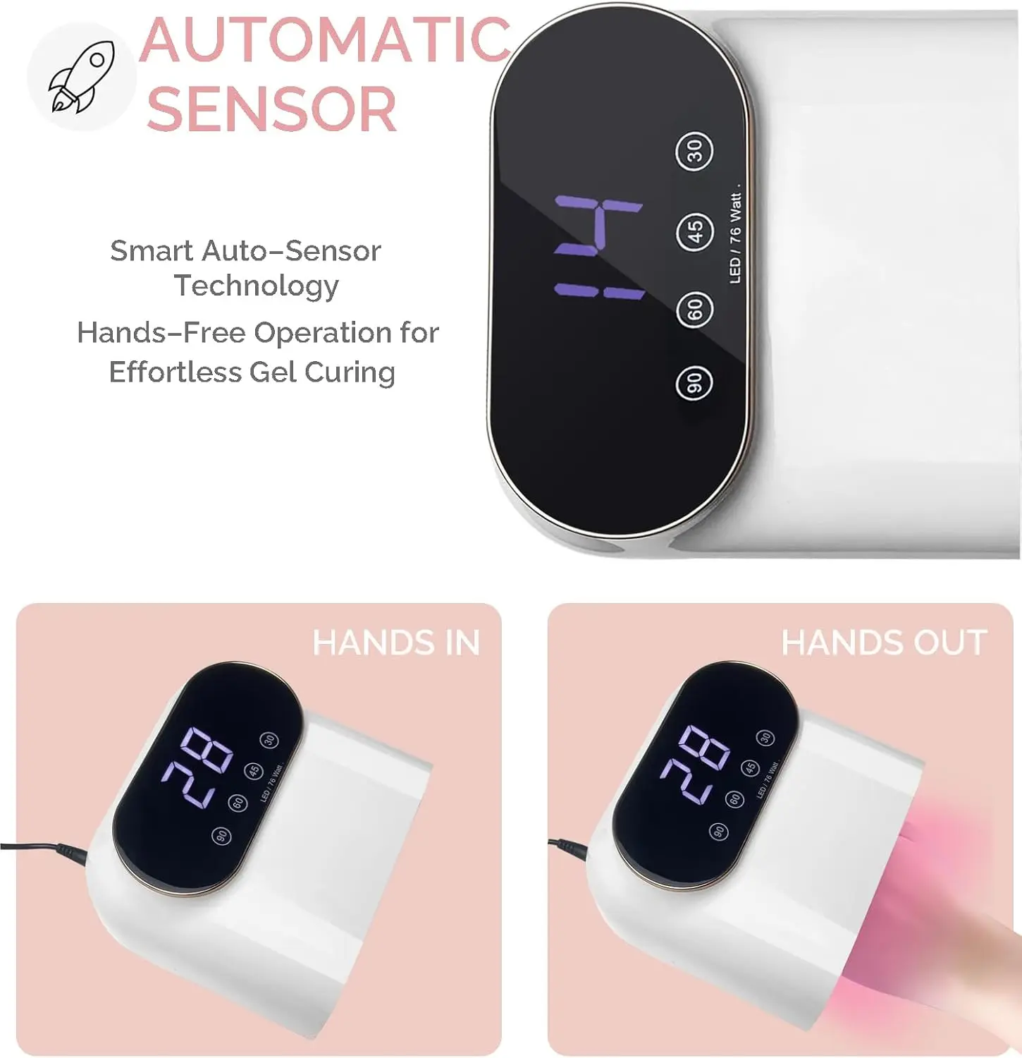 مصباح أظافر LED بالأشعة فوق البنفسجية 76 وات مع 38 مصباح LED، مستشعر ذكي، مؤقت LCD لعلاج طلاء الجل #6