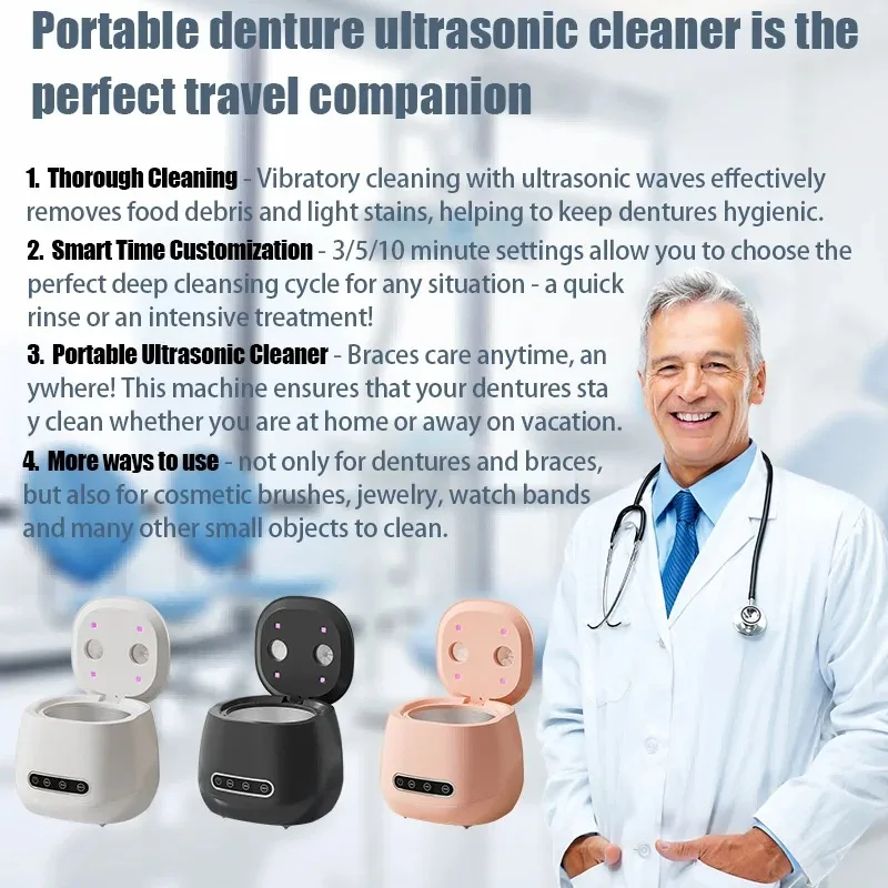Ultrasonic Denture Cleaner 48KHz, USB Rechargeable for Jewelry Watch Strap Makeup Brush, Portable Deep Cleaning Machine