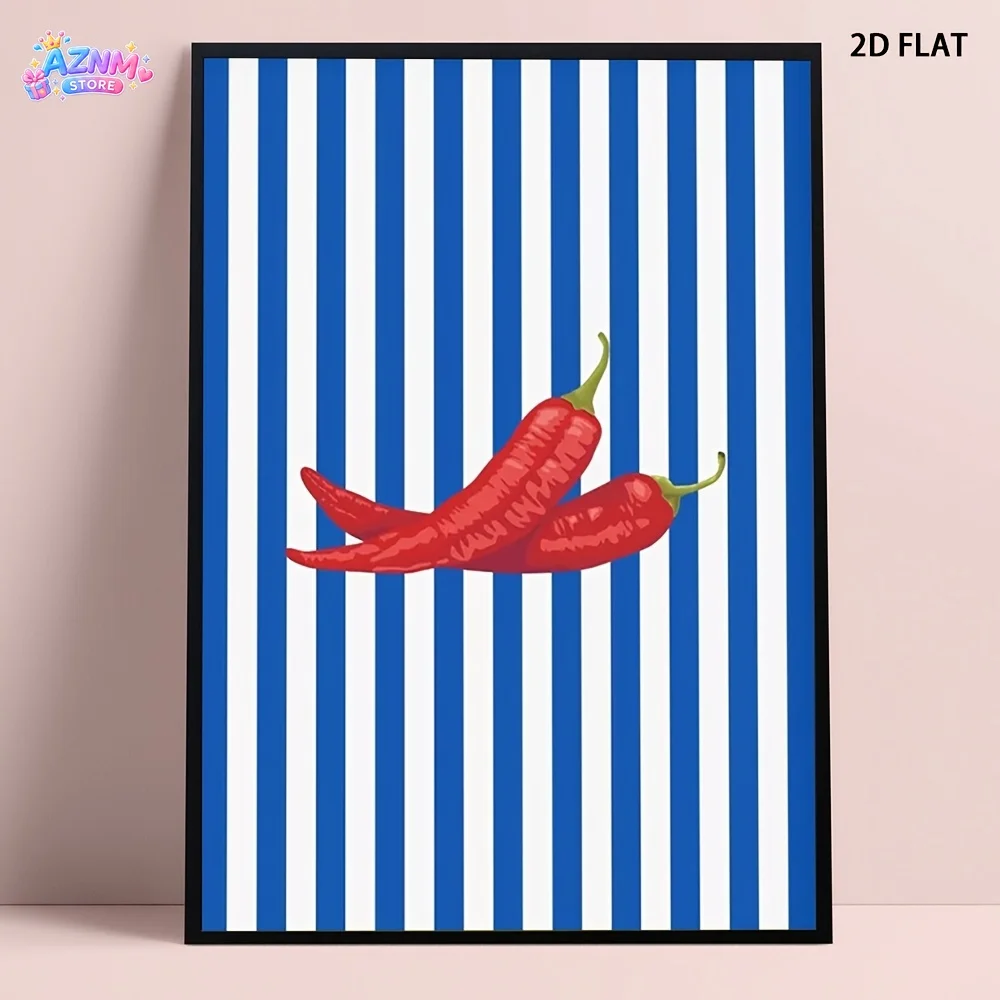 2D Flat, 1pc, 2D Flat, Frameless, Red Chili Pepper Digital Wall Art, Bold Kitchen Blue Stripes Modern Art Print by Lunopixel,