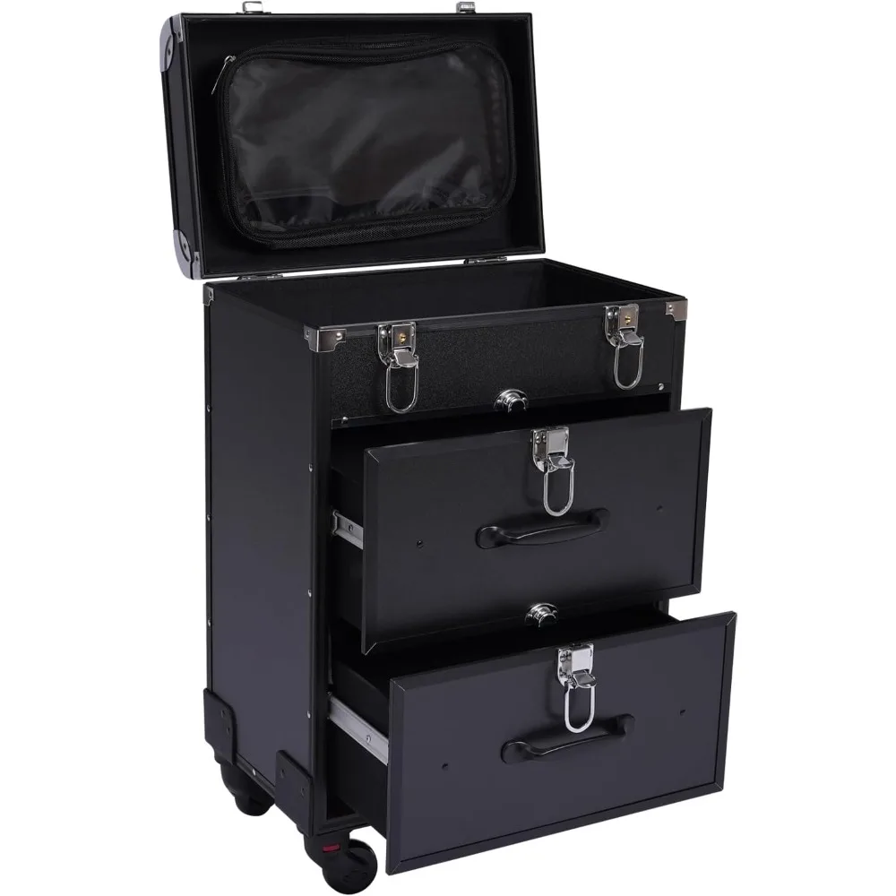 Rolling Makeup Trolley Case with 4 Universal Wheels Large Cosmetic Trolley with Locks Cosmetics Storage Organizer (Black)