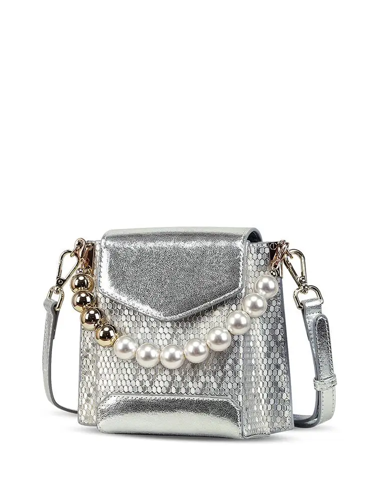 Women's Handbag Silver Sequin Pearl Chain New Luxury Brand Design Leather Texture Mesh Personalized Fashion Banquet Shoulder Bag