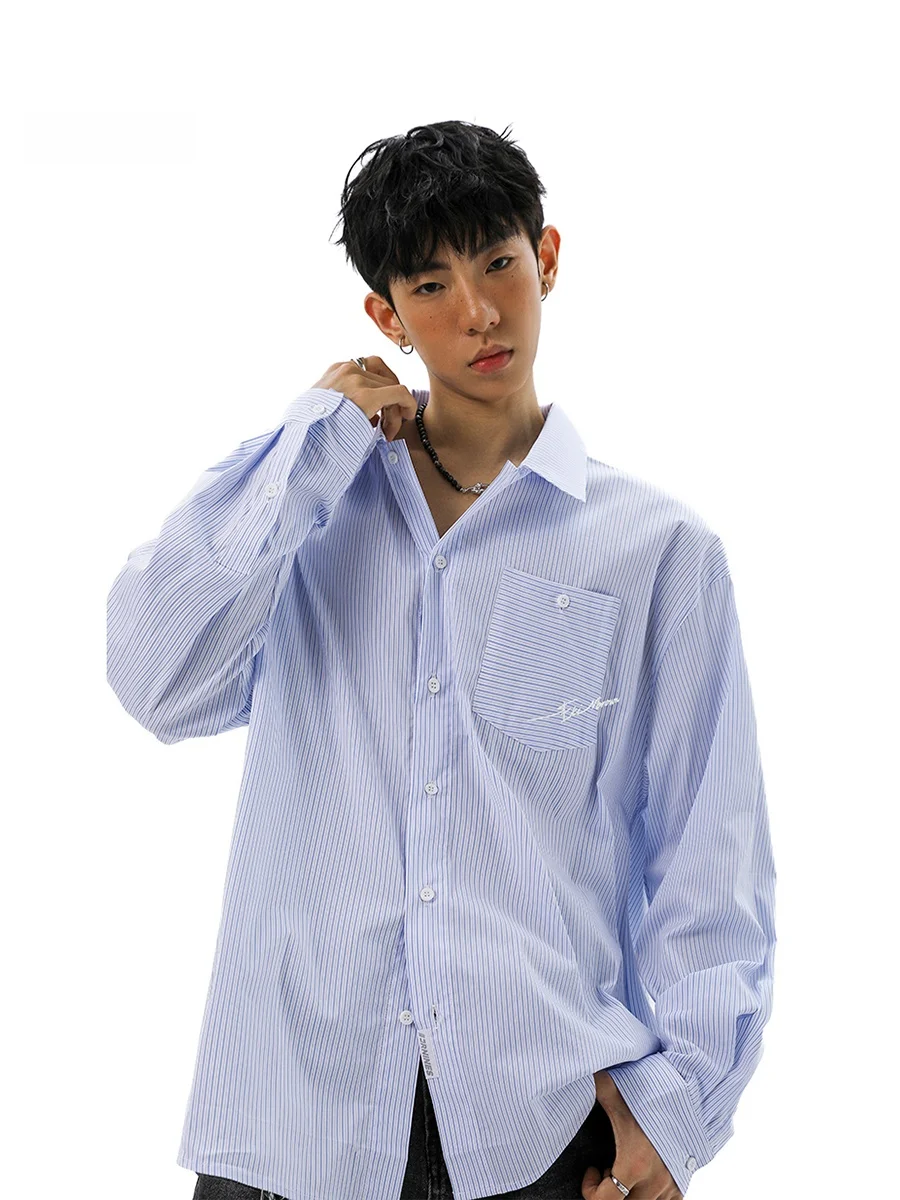 

Синяя рубашка с вышивкой и полосками, мужская, с длинным рукавом, весенняя, в японском стиле, для отдыха, с защитой от солнца, повседневная, стильная и комфортная.