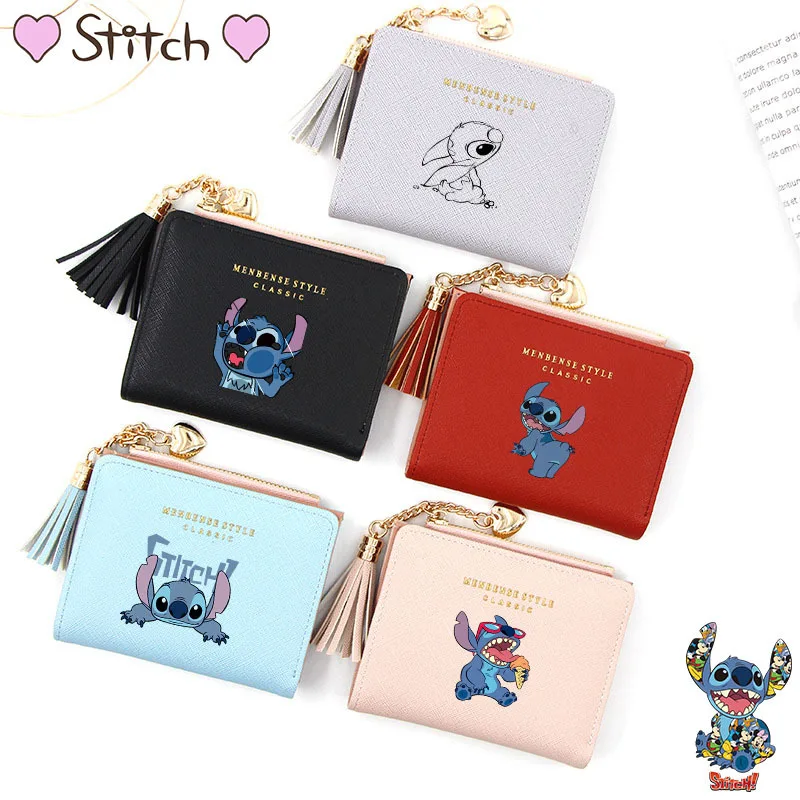 

Cartoon Lilo & Stitch Tassel Wallet Disney Kawaii Stitch Zip Coin Purse Cartoon Short Bifold Women's Wallet ID Card Holder