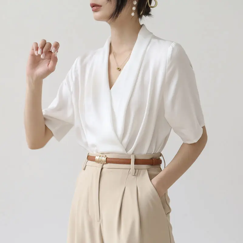 Temperament Solid Color Pleated Blouse Women New Classic Half Sleeve V-neck Office All-match Lady Pullover Chiffon Shirt