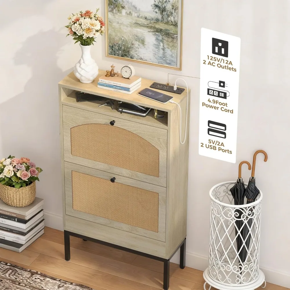 

Shoe Cabinet with Charging Station, Flip Down Shoe Storage Organizer with Adjustable Shelves, Hidden Slim Shoe Rack, Customized