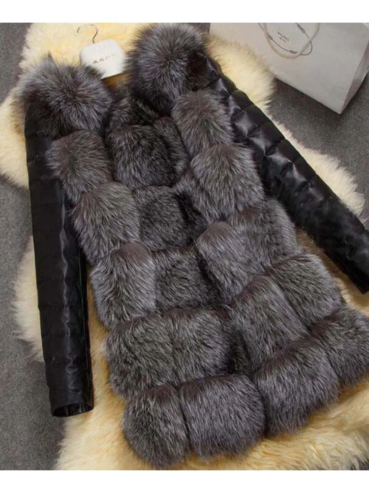 S-4XL ファッション 秋冬コート レディース フェイクフォックスファーコート PU袖付き 女性用 ふわふわフェイクファー ジャケット レディース ファーコート アウターウェア