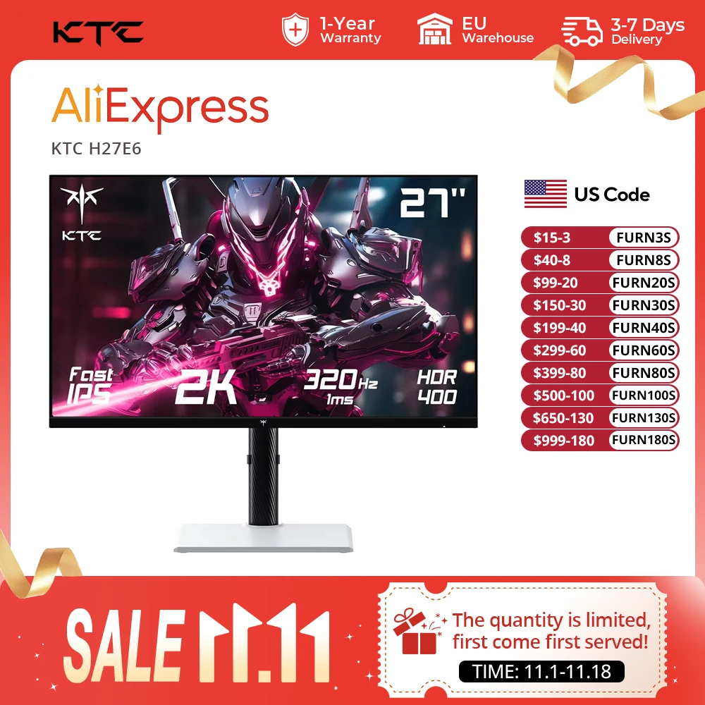 KTC H27E6 27inch Gaming Monitor 2560*1440 QHD Fast IPS Screen, 300Hz Refresh Rate Up to 320Hz, HDR 400, 1ms Response Time, FreeSync & G-Sync