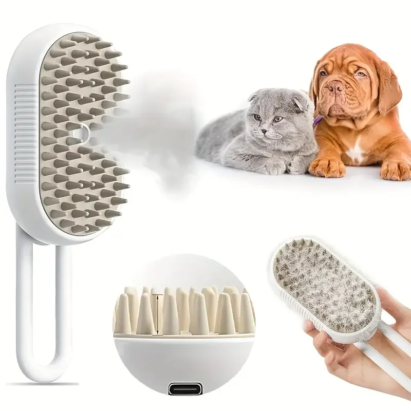 3-in-1 Coffee Pet Steam Grooming Comb USB Recharge One-Click Spray Massage Anti Flying Hair Safe For Cats Dogs