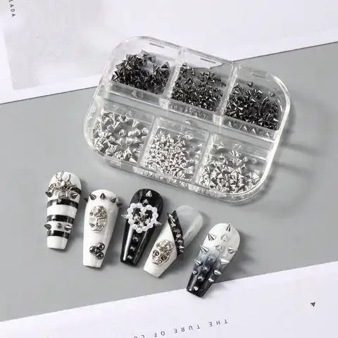 6 Grids Metal Nail Studs Black Silver Spike Rivets 3D Nail Art Charms DIY Manicure Decor for Nails
