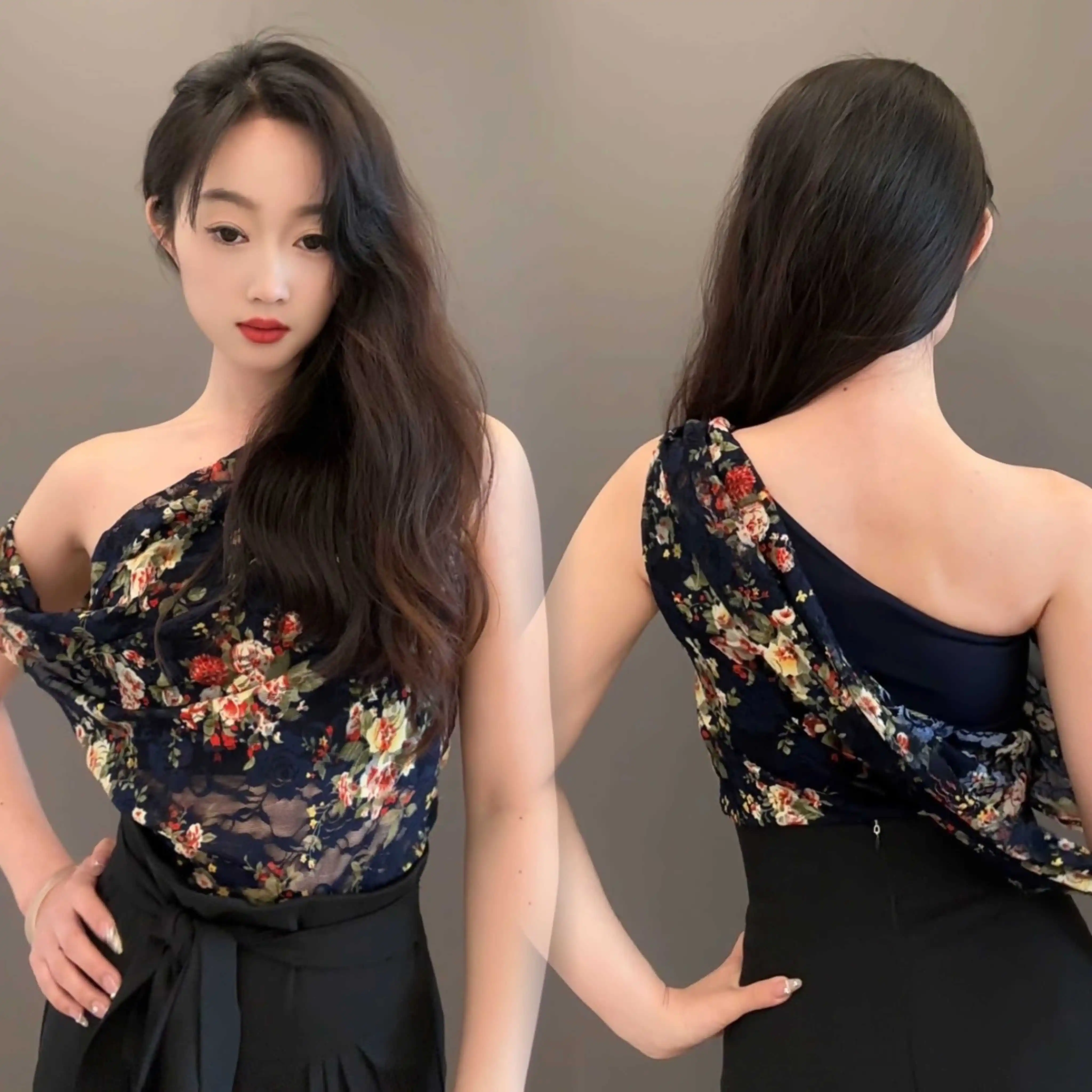 

Latin Dance Tops For Women Printed Slanted Shoulder Tops Chacha Rumba Tango Dress Adult Latin Dance Practice Clothes DN20262