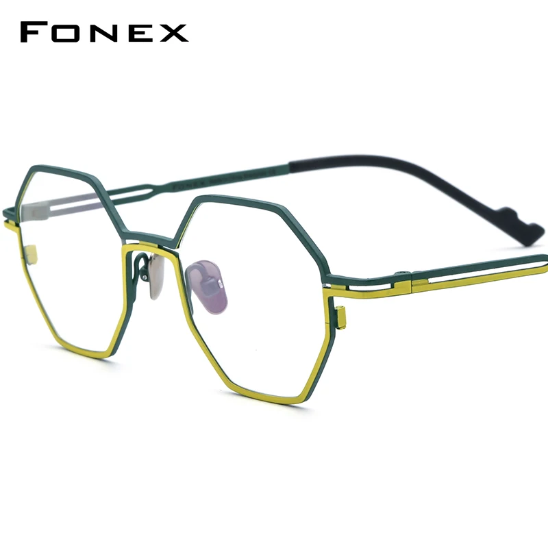 FONEX Pure Titanium Glasses Women Colorful Retro Polygon Eyeglasses 2023 Vintage Eyewear F85767