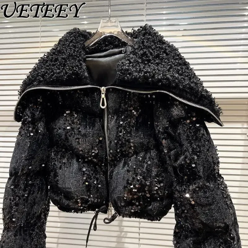 2024 Autumn Winter New Hand Fleece Navy Neck Padded Jacket Women's Clothes Fashion Full Sequins Short Velvet Padded Coat Jacket