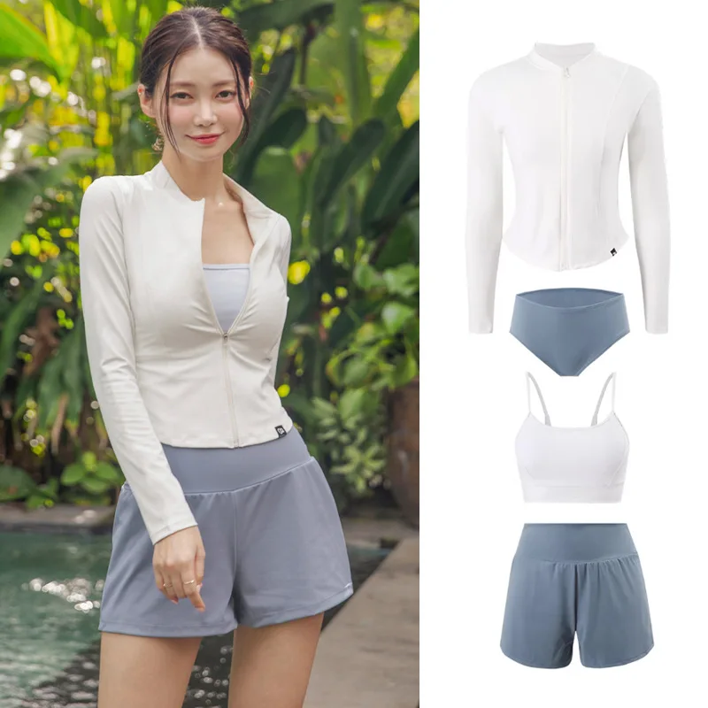 Women 4Pcs Rash Guard Swimwear Set UPF50+ Long Sleeve Zipper Top + Shorts + Bottoms for Surf Snorkeling Beach