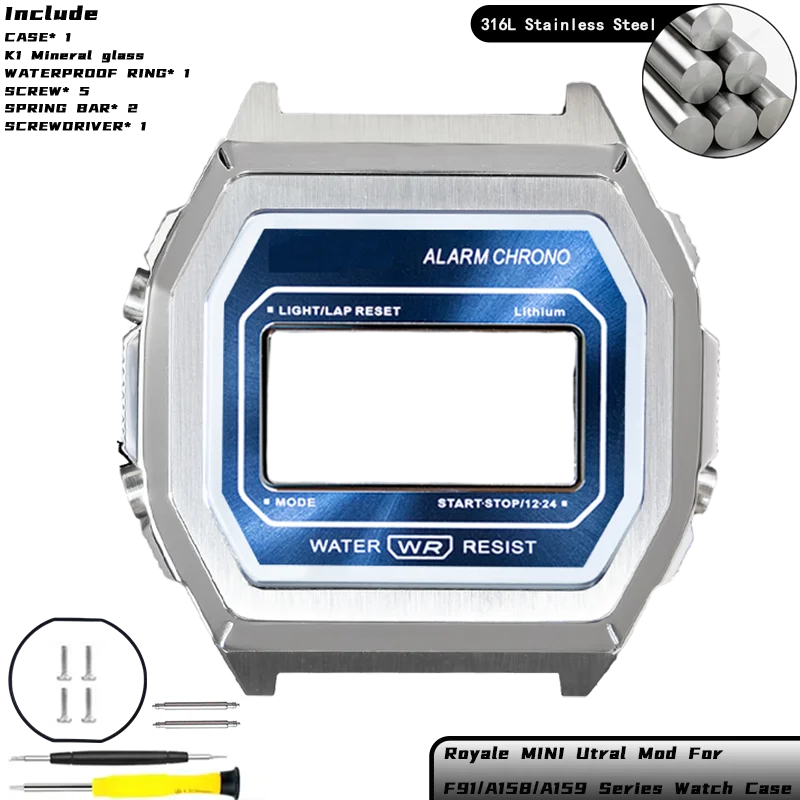 Royale Ultra Mod für CASIO F-91/A158/A159 Uhrengehäuse 316L Edelstahl K1 Mineral Poliert Gebürstetes Mattes Gehäuse Sunray Zifferblatt-Set – Detail 21