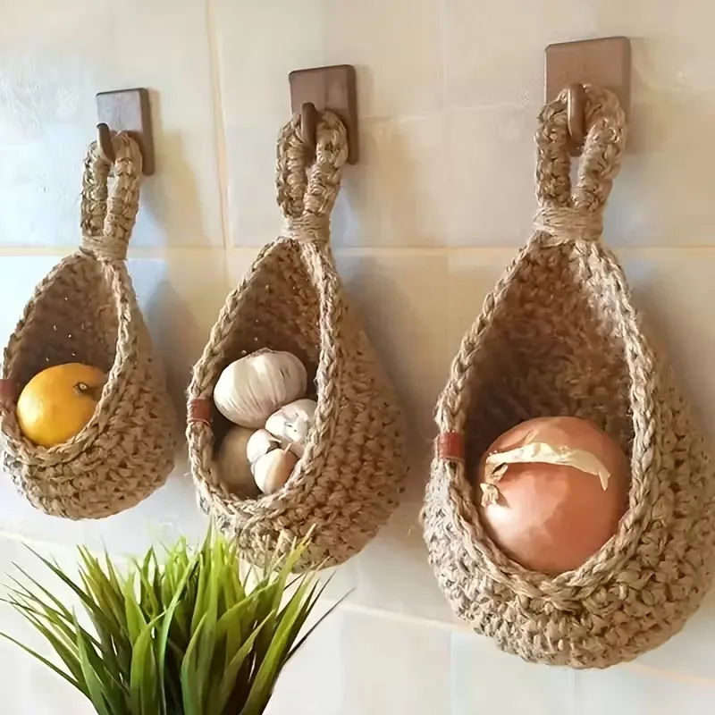 Handwoven Hanging Wall Fruit Vegetable Basket Organizer Container Decor for Kitchen Garden Mount Wall Plant Flower Onion Storag