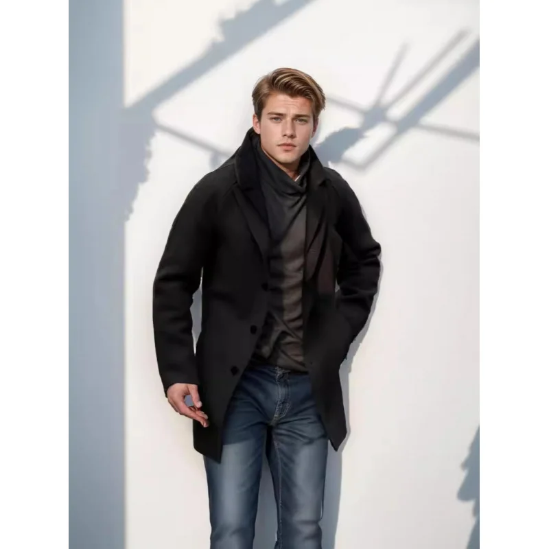 2024Casual Men's Clothing Youth Suit Autumn and Winter New Trendy Men's Solid Color Slim-Fit Woolen Coat Double-Faced Woolen Goo