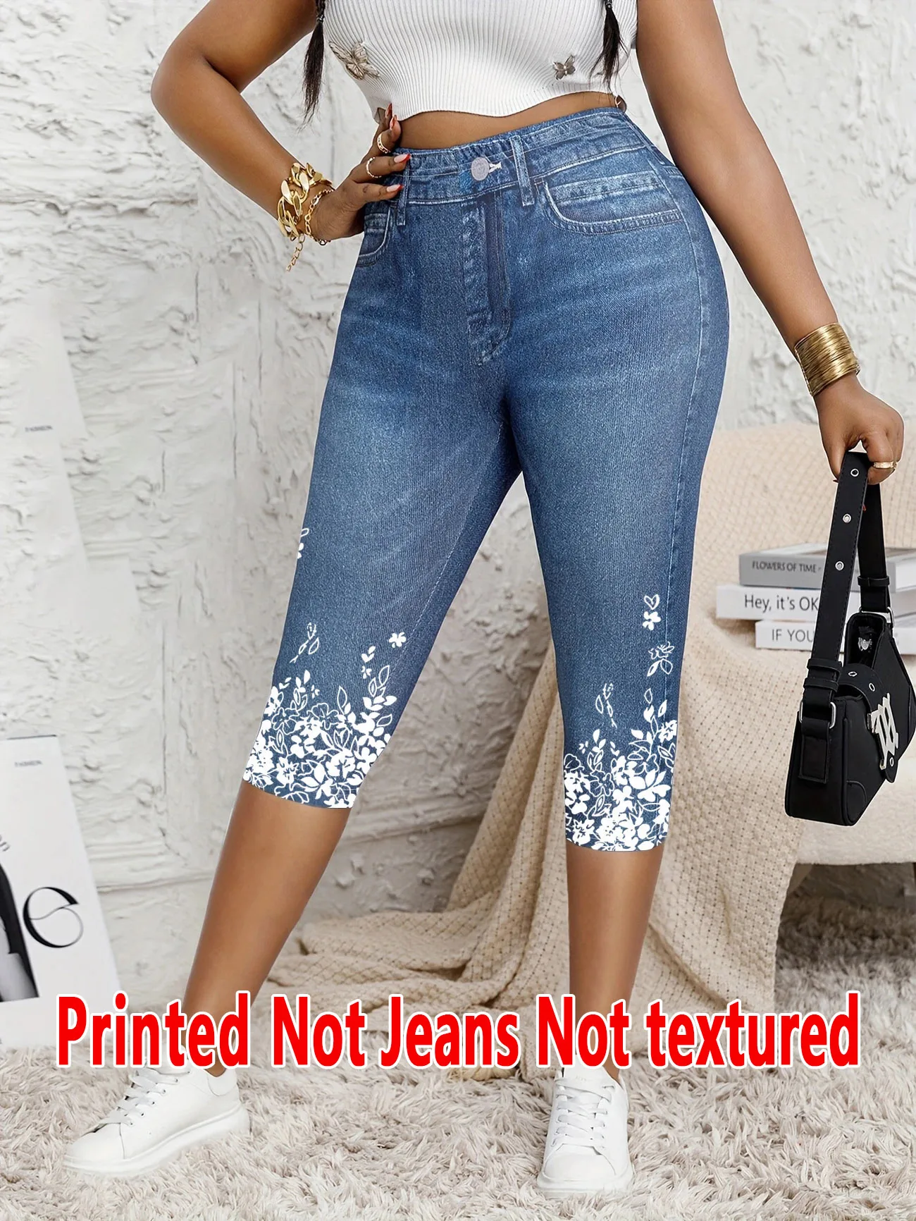 5898Ladies' 7/8 Length Base Layer Pants Faux Denim Print Tight Fit Trousers