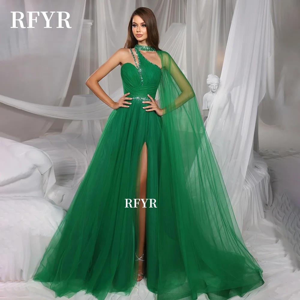 

RFYR A Line Prom Dress Halter Evening Dress One Shoulder Celebrity Party Dress Beading Princess Robe vestidos fiesta Customized