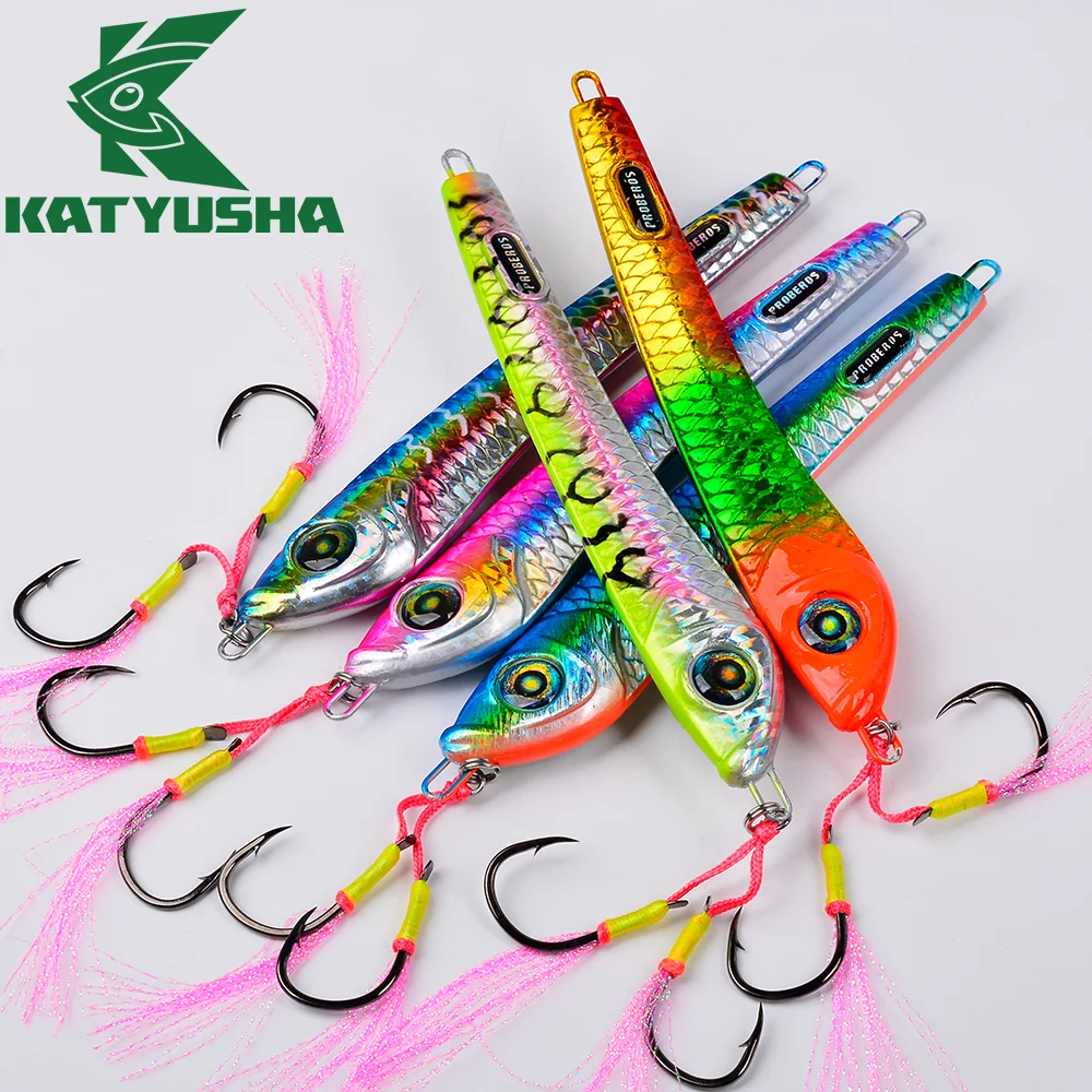 

Katyusha Realistic 3D Fish Eyes Lead Metal Fishing Lure Quickly Sink With Feather Assisted Hooks For Catfish Perch Trout 1PCBait
