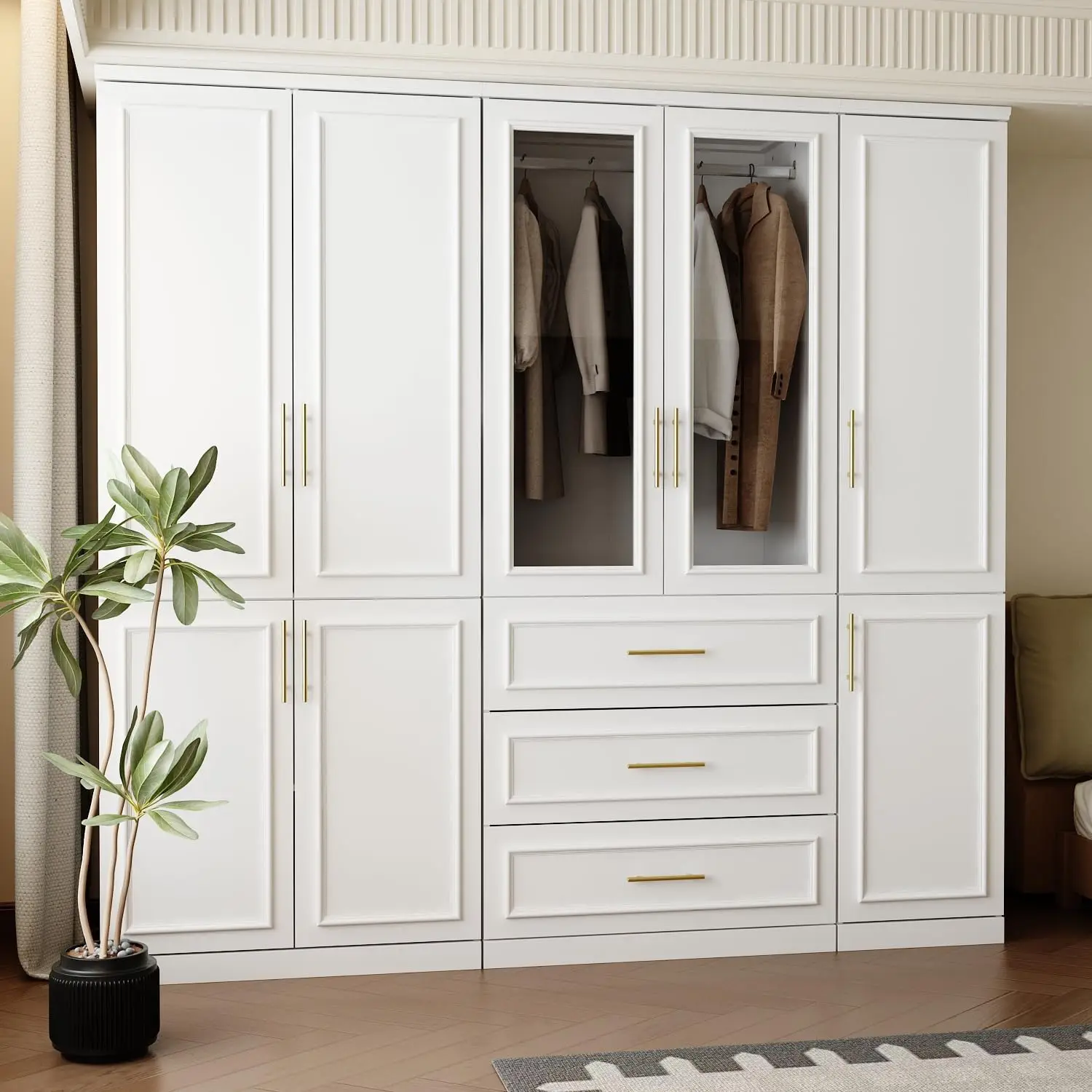 

Wardrobe Closet Collection with Doors, Modern White Bedroom Armoire with Gold Handles, Modern Clothes Storage C