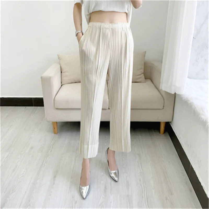 Miyake pleated fashion new cropped trousers, solid color, large size, slim fit, urban casual pants, split pants, women\'s pants