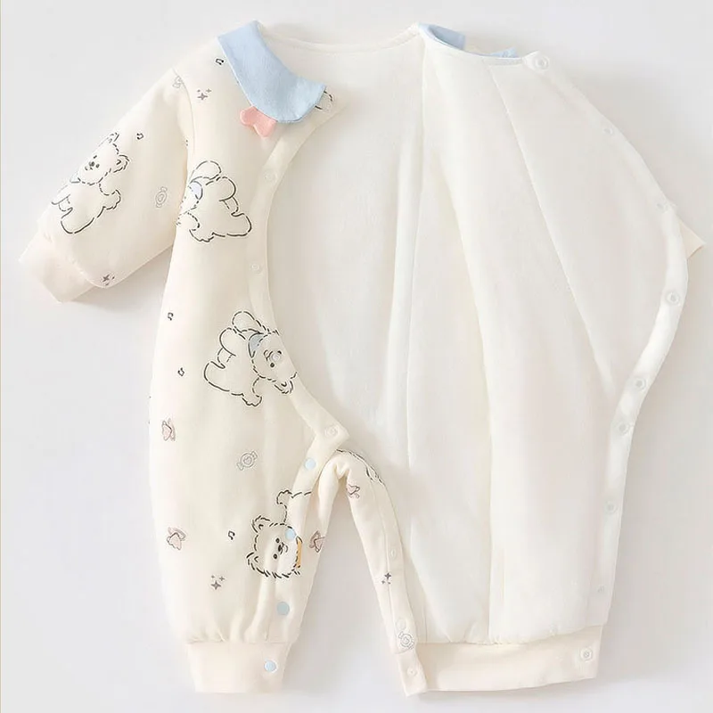 2025 Winter 100% Cotton Inner Thick Baby Jumpsuit Turn-Down Collar Side-release Button Animal Print for Boys Girls 0-18M