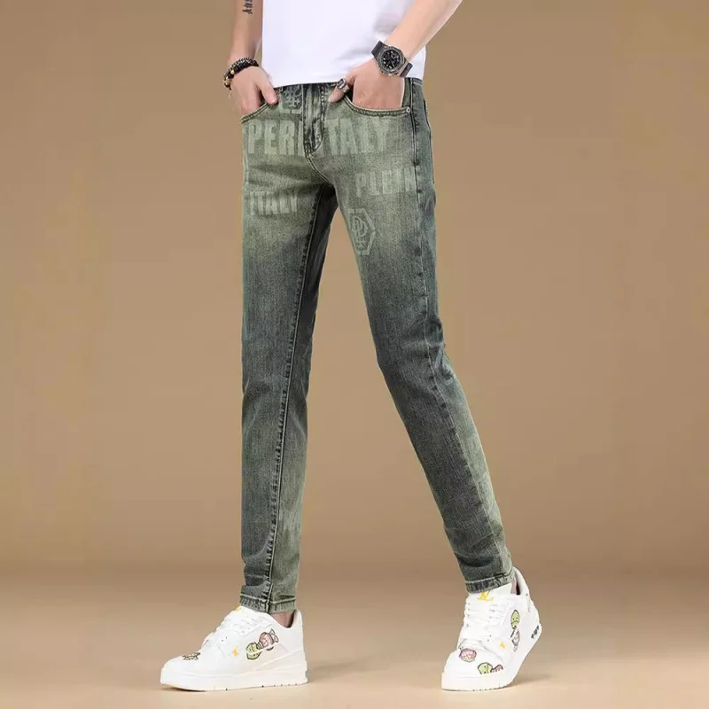 Lente En Zomer Nieuwe Retro Bedrukte Jeans Heren Slim Fit Skinny Stretch High-End Betaalbare Luxe Denim Casual Broek