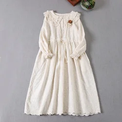 Mori sweet girl solid embroidery flower cotton dress Japan style peter pan collar long sleeve midi dress lolita fairy dress