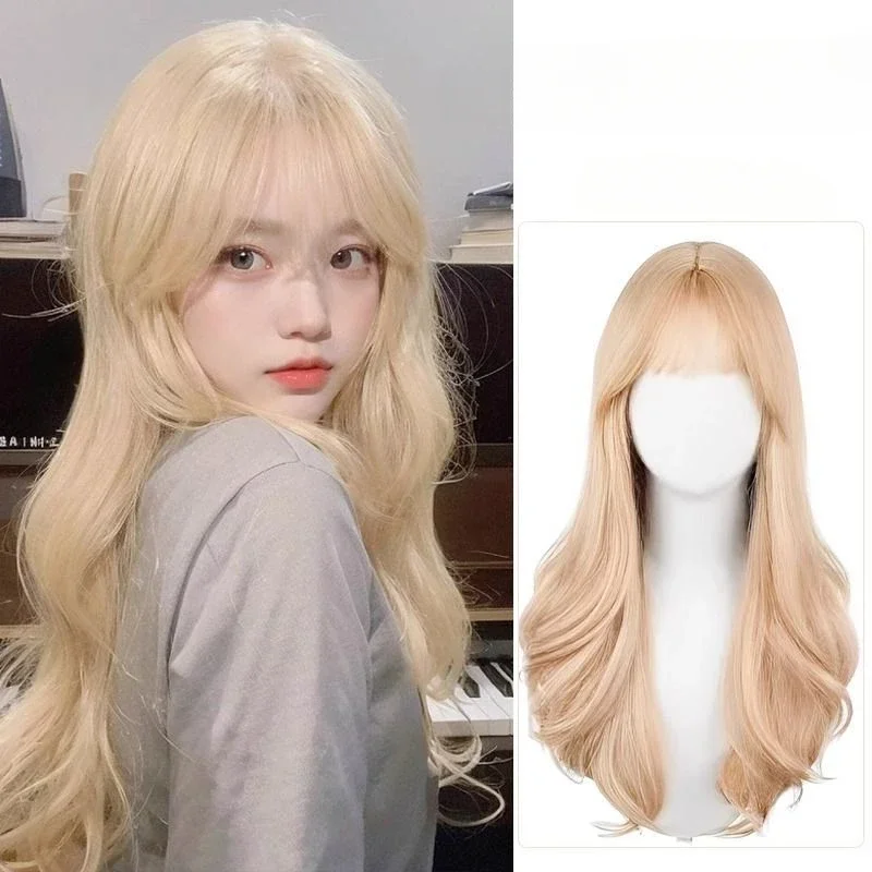 Long Water Wave Wig with Bangs White gold color Cosplay Wig for Women Daily Party Natural Soft Synthetic Hair Heat Resistant