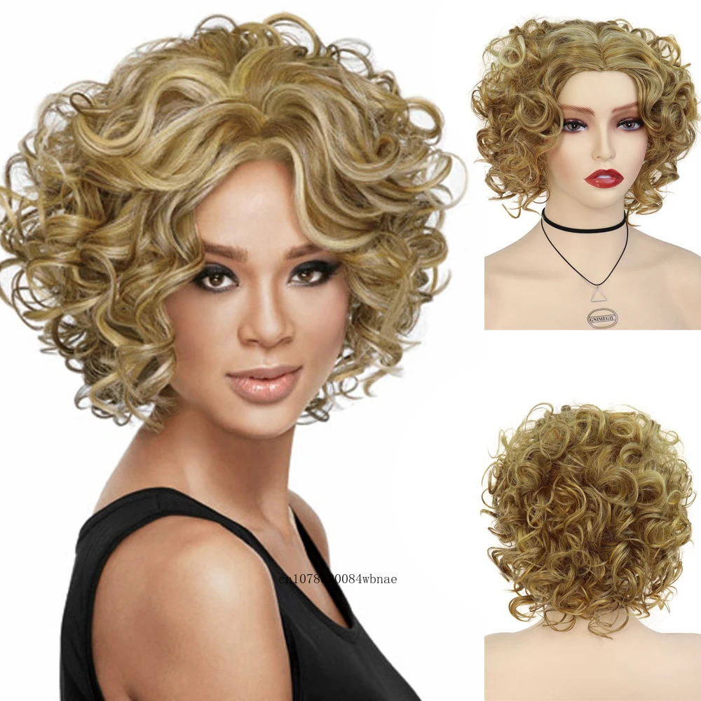 Kurze blonde synthetische Perücke für Frauen, weiblich, klassisch, Afro-Locken, flauschig, federnde Perücken, hitzebeständige Faser, durchschnittliche Kappengröße